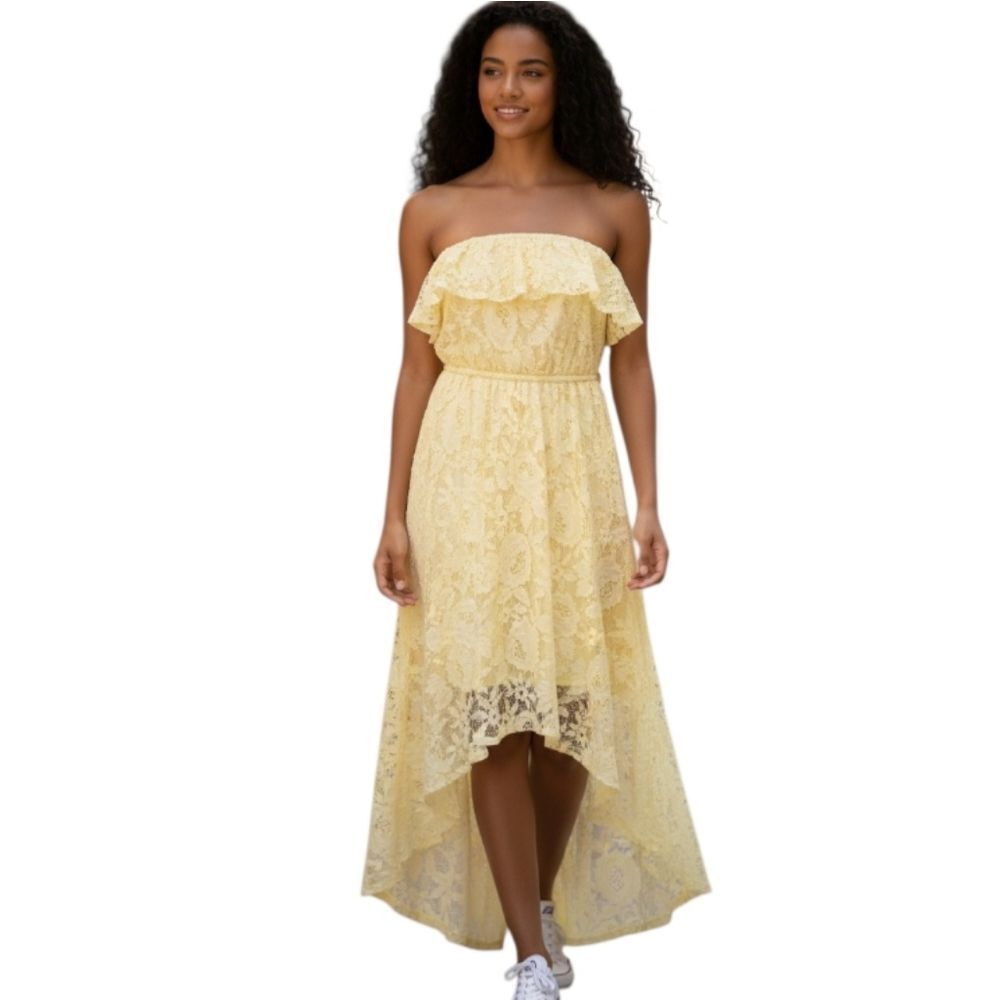 TRIXXI STRAPLESS YELLOW LACE DRESS SZ.L EUC